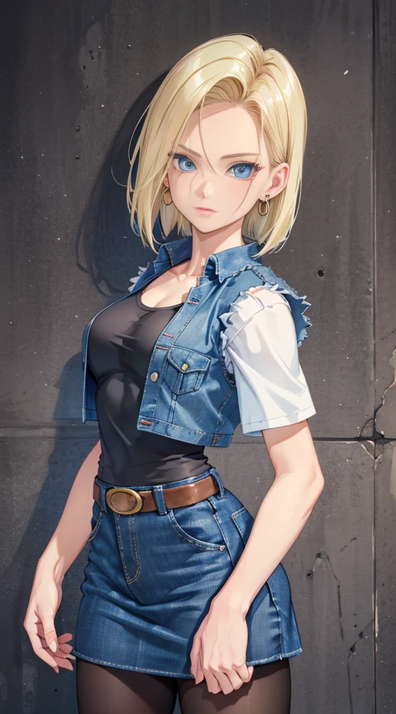 Best Quality, hight resolution, and18, 1girl in, Android 18, Solo, Blonde hair, Blue eyes, Short hair, earrings, Jewelry, Denim Short Sleeve Vest, open vest, Black pantyhose, Black shirt, jean skirt,  Blue skirt, medium breasts, Cowboy Shot, Street, (Externally expanded Chest: 1.2)