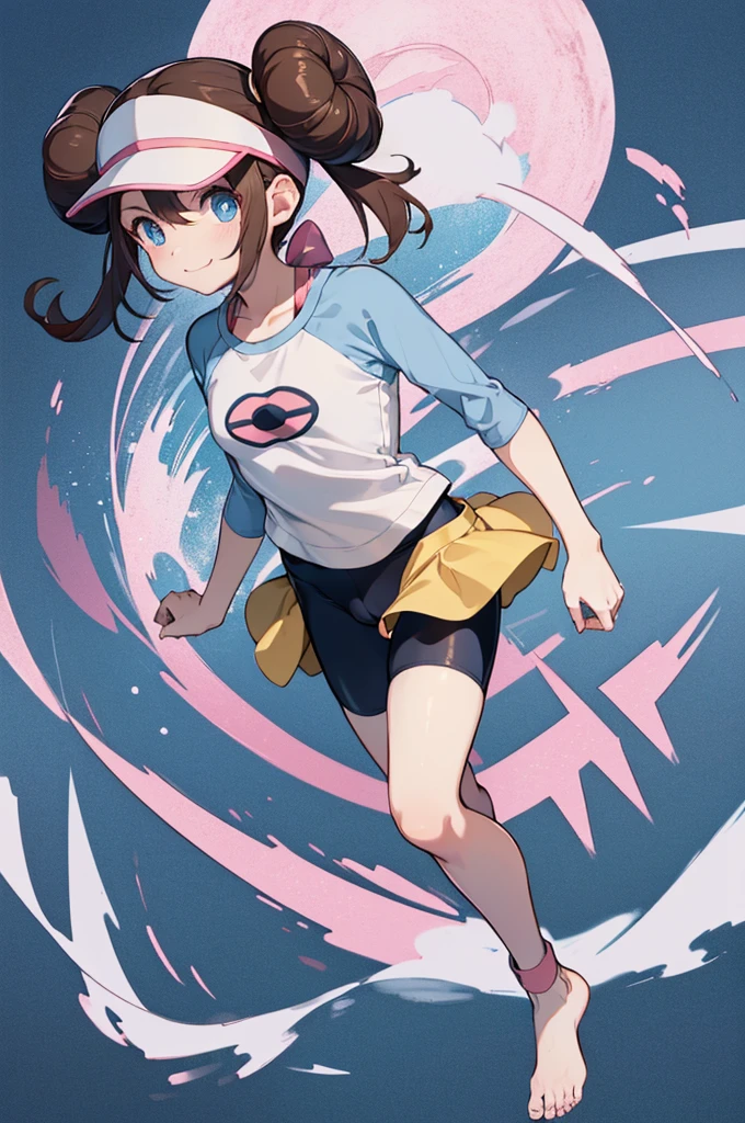 best quality, amazing quality, very aesthetic, absurdres,ro1, hair bun, blue eyes, twintails, visor cap,(bike shorts), (cameltoe),raglan sleeves,shirt,pink bow, wristWatch、Highest quality,smile、(flat chest:1.3)、barefoot、(full body:1.2)、grassland、blue sky