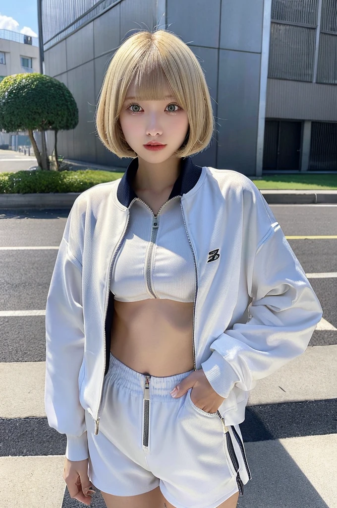 Zip-up track suits、Shorts、Blonde、Bobcut、beautiful girl、Perfect figure、おっぱい
