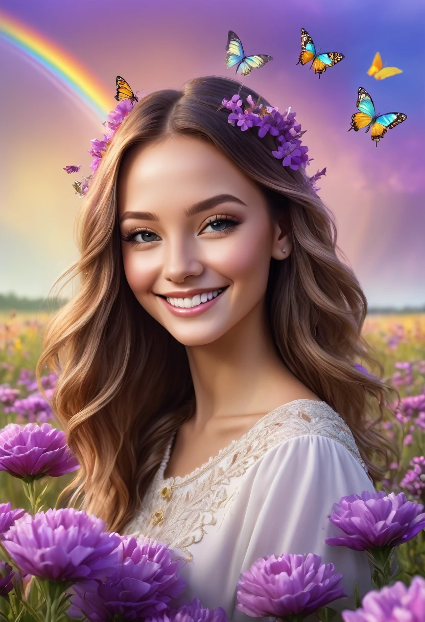 portrait photo in a field with purple flowers, butterflies in the air with a beautiful rainbow in the sky, looking at the viewer, beautiful smile, ultra realistic, ultra detailed