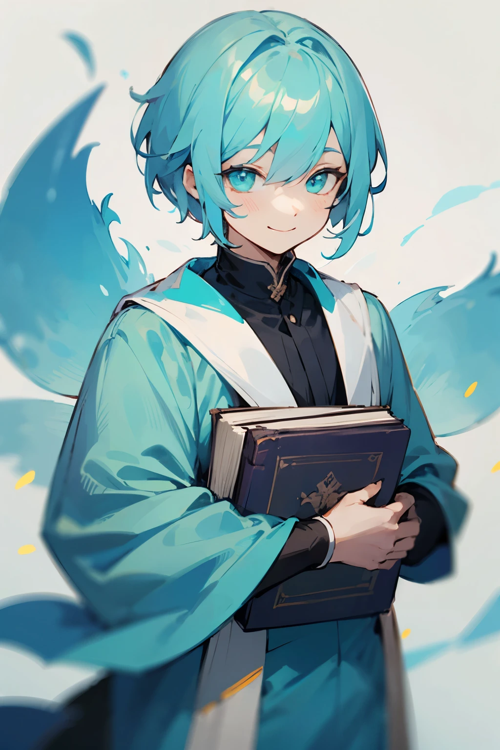 Male, Cyan hair, short hair, Cyan eyes, Cyan clothes, smiling, holding book