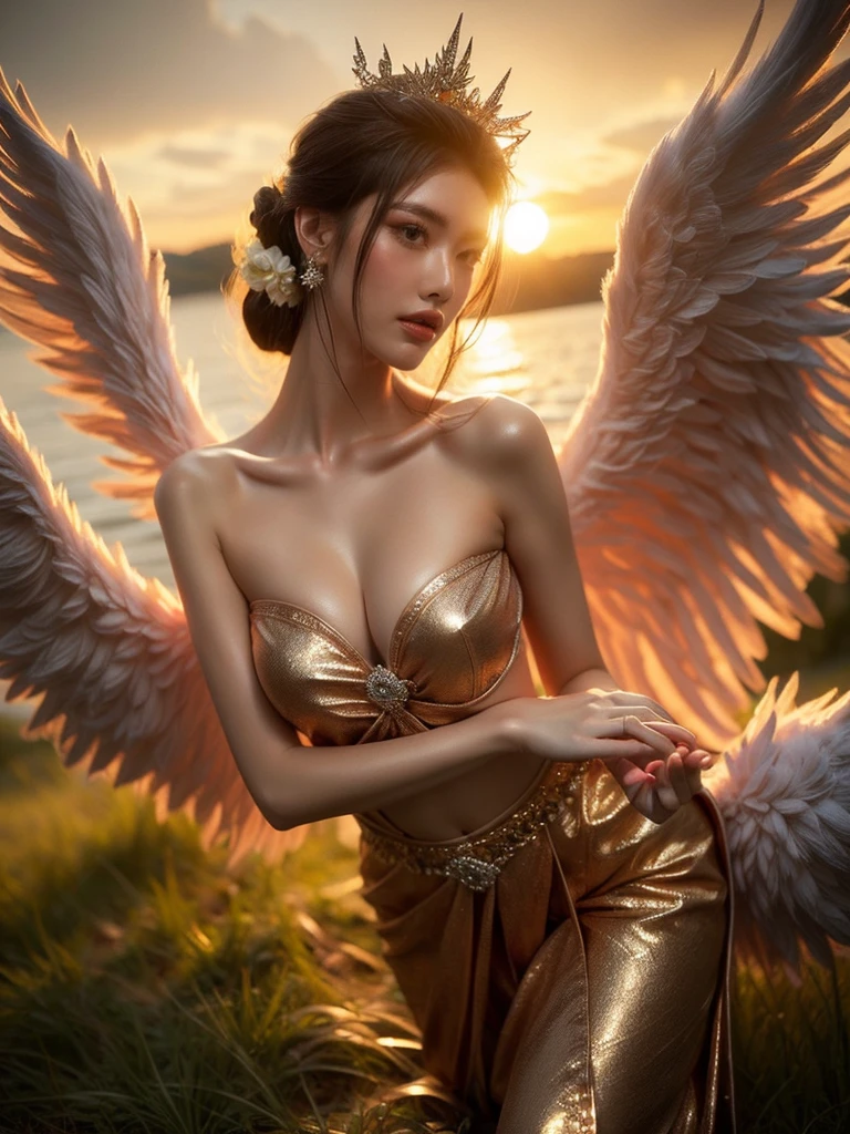 A woman in a provocative angel costume, musing on a cloud against an enchanting sunset. The camera is angled from below, framing her radiant smile and thoughtful pose. The picture is illuminated by a gentle glow from the sunset, creating a dreamy vibe. (solo), (angel costume: 1.5), (cloud: 1.3), (sunset: 1.4), (low angle shot: 1.2), (thoughtful pose: 1.3), (gentle glow: 1.4), (erotic adventure: 1.4), (fantasy world: 1.5).