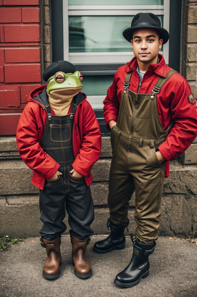 A stuffed frog with brown overalls a red jacket and black boots