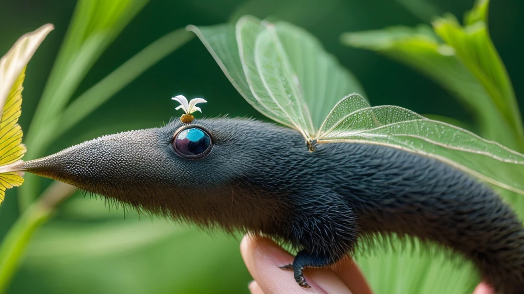 A stunning macro photograph that captures a tiny, disheveled anteater fairy, perched delicately on a fingertip, seemingly eager to take flight. The anteater fairy, adorned with large, bejeweled wings and intricate fur details, emanates an enchanting aura, possibly an odor. The background is a natural, serene setting that seamlessly blends with the fantastical creature. The perfect combination of fantasy realism and miniature world creates a sense of wonder, delight, and amazement, as the viewer is transported to a magical realm.
