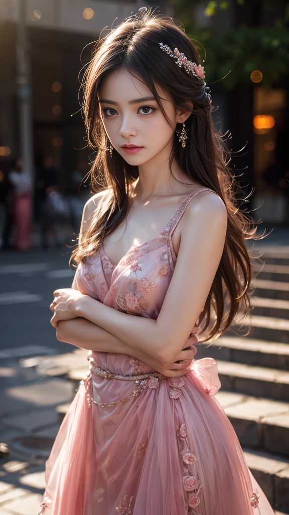 8K, UHD, MAsterpiece, best quality, 1 girl, (realistic face), very long hair, small breasts, decorated dress, very beautiful ornaments dress, pink color, lace, mesh dress, sardine, loops, ipllers, depth of field, light from the front, Light shines into the face, knee short, standing, Arms wrapped around body (self-hug), Frown, Anger, Sadness