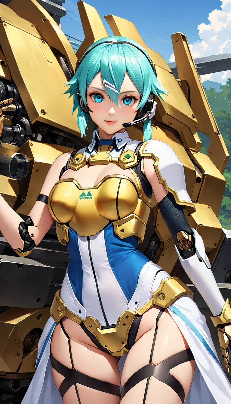 (((Highest quality)))、(((unity 8k wallpaper)))、(((32k)))、(((masterpiece)))、(((Very detailed)))、(((Ultra-high resolution)))、(((Ultra-high resolution)))、(((Cyborg Sinon)))、(((Mecha Girl)))、(((Robot Girl))、(( Very detailed顔, RAW Photos, Professional, Ultra-fine painting, Fine metal texture, High quality fabric, sexy, Genuine, A dress-like armor in blue and white with gold molding..、Mechanical Rimbecha Girl、Machinery Parts、複雑に表現されたスーパーRobot Joints、Robot Joints、Robot Fingertips、Single Mechanical Arm、Mechanical Arm、headset、Complex mechanical body、A mechanical waist covered in elaborate armor、Realistic and complex camera eye:1.5))、A complex fusion of body and machine、Legs covered in blue and white armor、Beautiful legs with mechanical knee joints covered in machinery, Sock-like armor、Eyes like a mechanical camera、Anatomically correct machine、Covered in white and blue armor、Very beautiful face、Beautiful posture、Stand upright、sky blue short hair