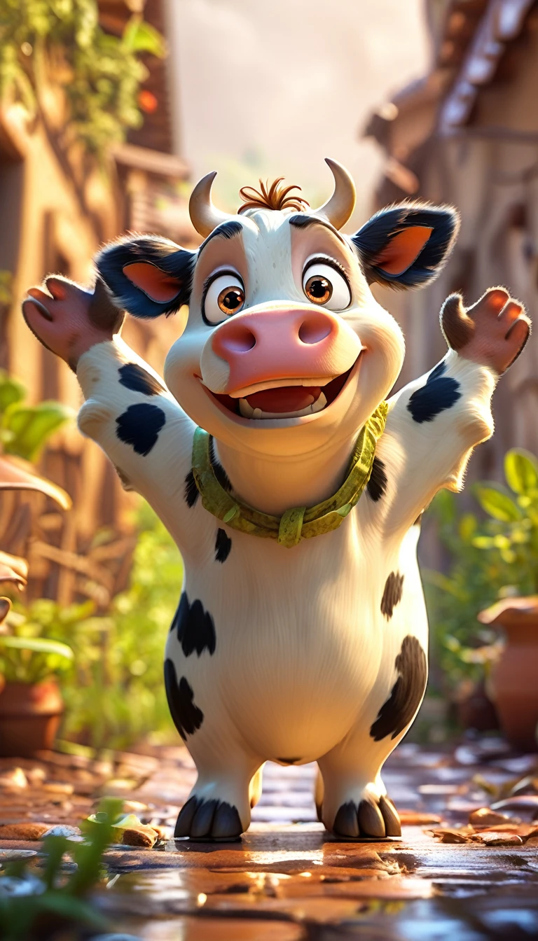 cute cow, cartoon , arms, hands ,cute eyes, cow ears,looking at viewer, arms up, dirty background, dirty
