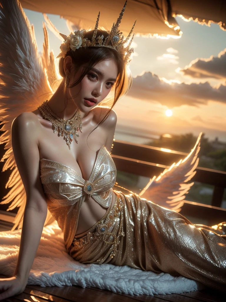 A woman in a risqué angel costume, lying down on a cloud with the striking sunset behind her. The camera captures her from a tilted angle, her radiant smile and relaxed pose adding to the surreal setting. The light cascades gently, intensifying the heavenly aesthetic. (solo), (angel costume: 1.5), (cloud: 1.3), (sunset: 1.4), (tilted angle shot: 1.2), (relaxed pose: 1.3), (cascading light: 1.4), (erotic adventure: 1.4), (fantasy world: 1.5).