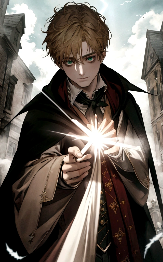 a man, single character, The magician, harry potter, holding wand, outdoor, [Daniel Radcliffe :: 0.8], magic, green eyes, blonde hair, no glasses, detailed eyes, eyes contact, dark night, action packed, epic pose, dramatic light, beautiful light, volumetric ray light, fog, hight quality, dlsr,