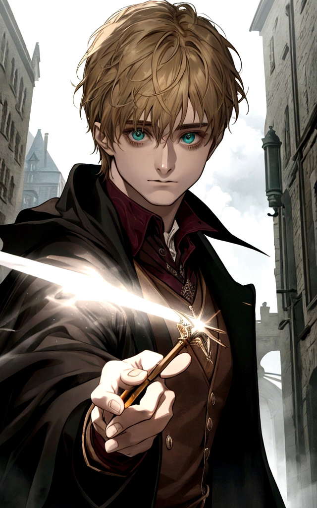 a man, single character, The magician, harry potter, holding wand, outdoor, [Daniel Radcliffe :: 0.8], magic, green eyes, blonde hair, no glasses, detailed eyes, eyes contact, dark night, action packed, epic pose, dramatic light, beautiful light, volumetric ray light, fog, hight quality, dlsr,