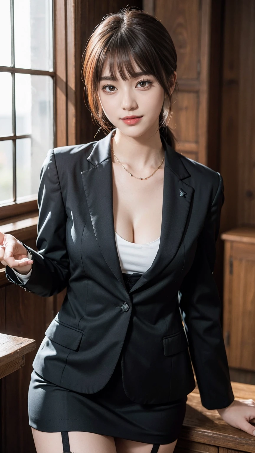 (best quality, masterpiece:1.3), (actual, photo actual:1.3), ultra high resolution, ultra high definition, Extremely detailed CG unified 8k wallpaper, (actual skin, Delicate skin), (perfect anatomy), (official art, Beautiful and beautiful), (generous smile:1.3), (seductive face:1.3), (korean woman:1.3), alone, depth of field, classroom,(big breasts:1.1),(cowboy shot:1.5), (business suit:1.3), (skirt),(plunging blouse),(necklace), (naturally look at camera:1.3), (blunt bangs:1.5), (stockings),(ponytail hairstyle:1.3)