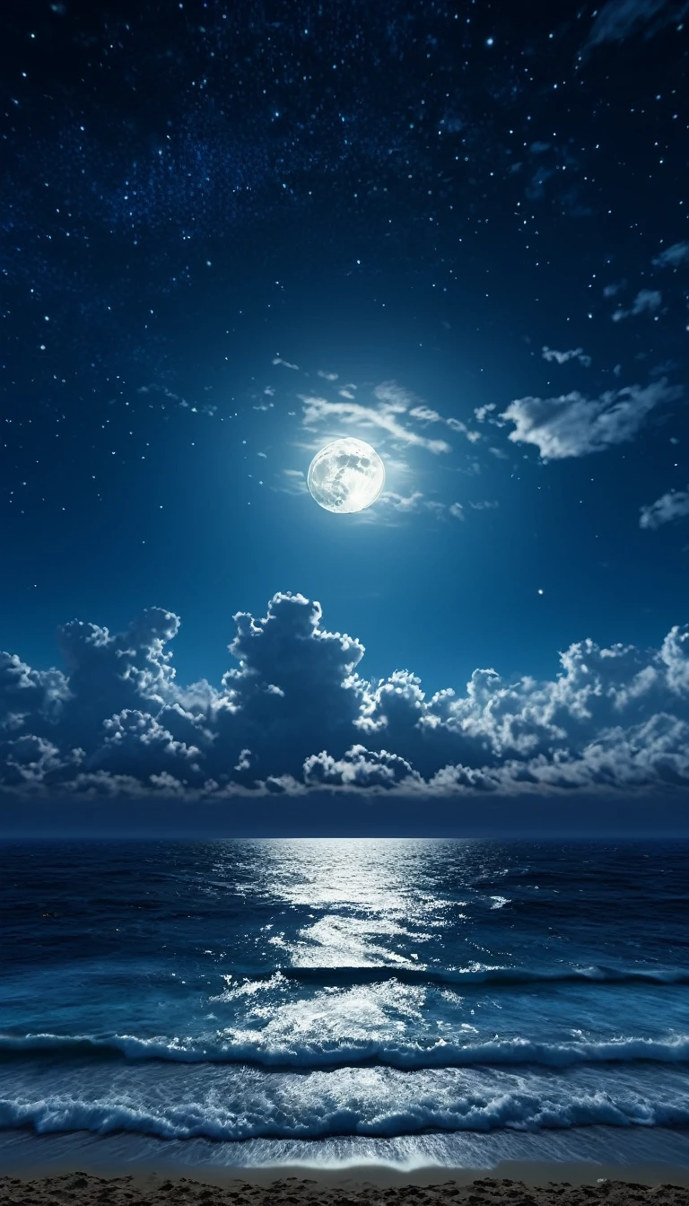 Cumulonimbus:1.5,Starry Sky:1.5、Image centered on the sea and sky:1.5、Summer sky,Realistic,とてもRealistic,Attention to detail,Breathtakingly realistic,High contrast realism,High Saturation Realism,Vibrant colors,Dramatic lighting,Charming landscape,Persuasive storytelling,Atmospheric scenery,Captivating visuals,Intricate details,Strong emotions,Heavenly beauty,A dreamlike world、Small Full Moon