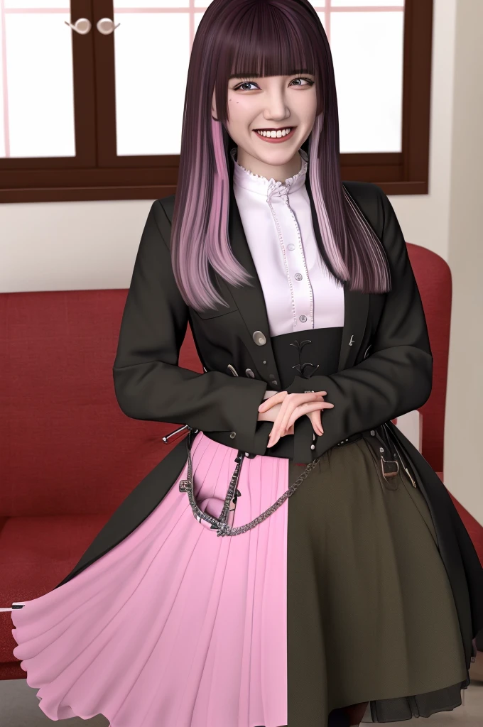 (Highly detailed CG), (Highest quality), One girl, perfect face, Shiny skin, Shiny skin, Wide Hips,Tight waist, Velobagets, Long Hair, Black Hair, bangs, skirt, Jacket, pantyhose, Multicolored Hair, shirt, blunt bangs, pink skirt, jewelry, white shirt, Heterochromia iridis, Mole, belt, boots, Manicure, Long sleeve,indoor,sadistic, evil,  face, window,Upper Body, Sexy pose,Pink sofa, Black gothic design room, Black majestic design,Cowboy Shot,too evil smile,smile worst,looking down at viewer,laugh worst,evil laugh,deep shaded face,laugh face,big monster ,dark purple backgrounds,two hands,five fingers,two legs,