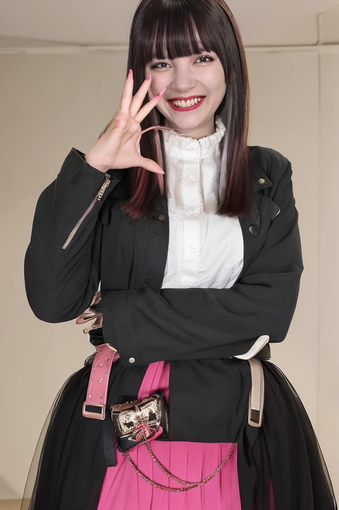 (Highly detailed CG), (Highest quality), One girl, perfect face, Shiny skin, Shiny skin, Wide Hips,Tight waist, Velobagets, Long Hair, Black Hair, bangs, skirt, Jacket, pantyhose, Multicolored Hair, shirt, blunt bangs, pink skirt, jewelry, white shirt, Heterochromia iridis, Mole, belt, boots, Manicure, Long sleeve,indoor,sadistic, evil,  face, window,Upper Body, Sexy pose,Pink sofa, Black gothic design room, Black majestic design,Cowboy Shot,too evil smile,smile worst,looking down at viewer,laugh worst,evil laugh,deep shaded face,laugh face,big monster ,dark purple backgrounds,two hands,five fingers,two legs,