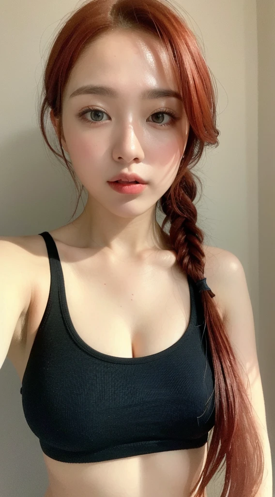 ((Best quality, 8k, Masterpiece :1.3)), 1girl, Pretty woman with emphasizing accentuated super huge enormously gigantic breasts:1.3, (red hair, random hairstyles :1.2), undersized tank top and mini thong:1.2, Ultra-detailed face, Detailed eyes, Double eyelid, armpit