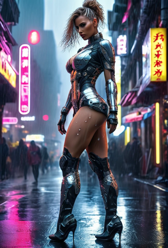 a beautiful cyborg woman, intricate details, masterpiece, absurdres, beautiful figure, slim body, magnificent anatomy, intricate details:1.12, HDR, intricate details, hyper-detailing:1.15, natural skin textures, hyper realistic, soft light, sharp:1.2, walking through a crowded city street, squatting, wet dress, performance, defile, cityscape, modern architecture, neon lights, rainy environment, reflective surfaces, dramatic lighting, heavy rain, raindrops, downpour, wet hair, wet pussy