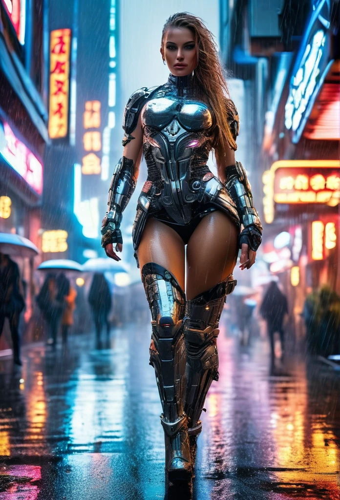 a beautiful cyborg woman, intricate details, masterpiece, absurdres, beautiful figure, slim body, magnificent anatomy, intricate details:1.12, HDR, intricate details, hyper-detailing:1.15, natural skin textures, hyper realistic, soft light, sharp:1.2, walking through a crowded city street, squatting, wet dress, performance, defile, cityscape, modern architecture, neon lights, rainy environment, reflective surfaces, dramatic lighting, heavy rain, raindrops, downpour, wet hair, wet pussy