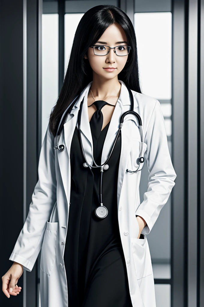 A female doctor in anime manga style with a gown, stethoscope, glasses, loose straight hair that is all in black and white