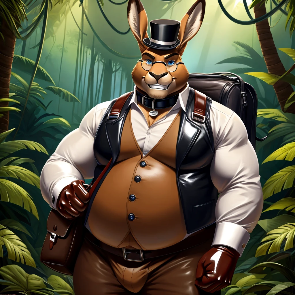 Solo, Male, fat, extremely obese, gentleman, dapper Professor Kangaroo, blue eyes, (posing:1.3), (soft shading), 4k, hi res, ((detailed face, detailed)), looking at viewer, evil grin, jungle, forest, collared shirt with buttons, top hat, male focus, Explorer Outfit, glasses, monocle, bag, vest with buttons, backpack, sleeves rolled up, round eyewear, brown headwear, brown vest, Kangaroo is wearing a glossy leather dog collar around the neck, Kangaroo is wearing the leather collar and shirt and vest at the same time, Kangaroo is wearing glossy white rubber gloves on the hands, wearing white rubber gloves on the feet, Kangaroo is wearing glossy white cuffs around the wrists with cufflinks, gloves are rubber in texture, clenching teeth, clenching fists, leather collar is glossy and shiny with a lot of detail, Kangaroo is wearing gloves and cuffs and cufflinks at the same time, leather collar has a round dog-tag, leather collar is thick and detailed.