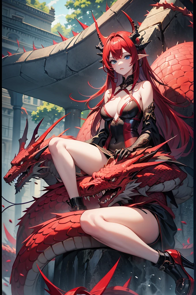 girl girl sitting on the head of a red-haired dragon,blue eye,prata scale dragao,tail with thorns, beautiful girl