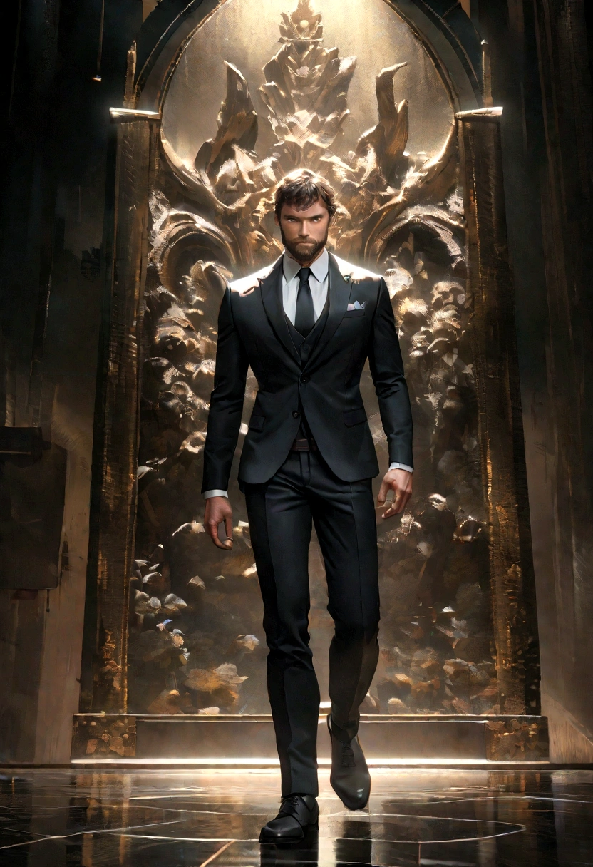 (Man wearing black suit without tie), ), (wearing a beard,) Attractive and serious appearance, short dark hair, stylish and elegant, shaved and strong body fitted into the suit, Body exhibitions, Man similar to actor Jamie Dornan, (high quality and realistic image), in the background of the image in dark black and lights, cinematic style, ((best qualityer, 8K, work of art).