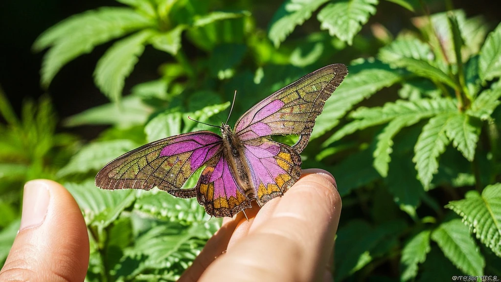 A stunning macro photograph that captures a tiny, disheveled kitten fairy, perched delicately on a fingertip, seemingly eager to take flight. The kitten fairy, adorned with large, bejeweled wings and intricate fur details, emanates an enchanting aura, possibly an odor. The background is a natural, serene setting that seamlessly blends with the fantastical creature. The perfect combination of fantasy realism and miniature world creates a sense of wonder, delight, and amazement, as the viewer is transported to a magical realm.