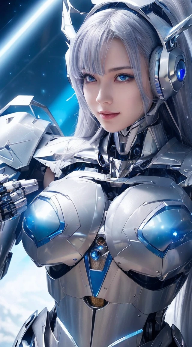 ((Extreme close up:1.6))、(((Lenses shining on both breasts:1.3)))、((Blue pillars of light radiate from both of his chests..:1.3))、break、(((Dynamic pose:1.8)))、smile、((8K)), ((32k)), ((Highest quality)), ((masterpiece)), ((超A high resolution)), ((Tmasterpiece)), ((Halation:1.4))、((Mechaニカルheadgear:1.2))、((Cyber Headphones:1.3))Fine skin, High quality fabric, High-quality metal texture、((Beautiful and dense face))、RAW Photos、Professional, Ultra-fine painting, ((alone)), Beautiful breasts、Highest quality, Very detailed, Very detailed詳細, Finer details, so beautiful, ((Princess Knight Robot:1.2)), (Joint of the machine, Mechanical Limbs:1.3), (The internal structure of the machine is exposed:1.3), (Long silver hair:1.1), (Beautiful and huge mechanical breasts)、White Veil, cowboy_shot, Side Focus, headgear, Shiny、(Five Fingers, Four fingers and thumb),Concept Art, Anime fantasy artwork, Detailed fantasy art, (with pale blue-violet hair and large white wings,,,,,,,,), (((Long silver hair))), (Mecha:1.6)、Sleek and intimidating design, ((Commander-in-Chief'arm)), (Perfect robot body)、純白と青紫のarmまたは, Symmetrical wings, 8K High Resolution, Detailed Art, 3D rendering of character art in 8K, neat legs, Defined, Defined fingers,((headshot:1.3))