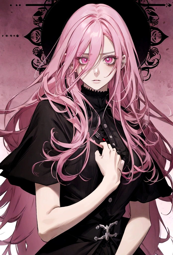 Pink hair, dark pink eyes, spot under the right eye, long hair, black clothes