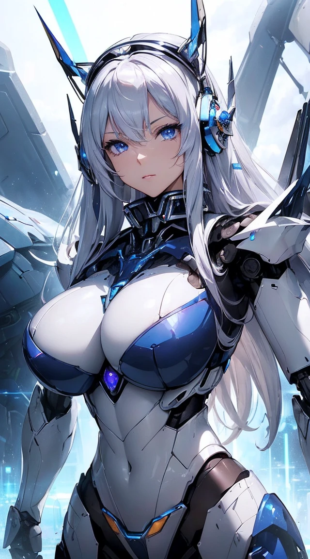 ((Intense action pose:1.6))、((Shining lenses on both breasts:1.3))、((Blue pillars of light are emanating from both chests.:1.3))、smile、((8K)), ((32k)), ((Highest quality)), ((masterpiece)), ((超A high resolution)), ((Tmasterpiece)), ((Halation:1.4))、((Mechaニカルheadgear:1.2))、((Cyber Headphones:1.3))、Fine skin, High quality fabric, Fine metal texture、((Beautiful and dense face))、RAW Photos、Professional, Ultra-fine painting, ((alone)), Beautiful breasts、Highest quality, Very detailed, Very detailed詳細, Finer details, so beautiful, ((Princess Knight Robot:1.2)),  (Joints of machines, Mechanical Limbs:1.3), (The internal structure of the machine is exposed:1.3), (Long silver hair:1.1), (Beautiful and huge mechanical breasts)、White Veil, cowboy_shot, Side Focus, headgear, Shiny、(Five Fingers, Four fingers and thumb),Concept Art, Anime fantasy artwork, Detailed fantasy art, (with pale blue-violet hair and large white wings,,,,,,,), (((Long silver hair))), (Mecha:1.6)、Sleek and intimidating design, ((Commander-in-Chief&#39;arm)), (Perfect robot body)、純白と青紫armまたは, Symmetrical wings, 8K high quality, detailed art, 3D rendering of character art in 8K, neat legs, Defined, Defined fingers,