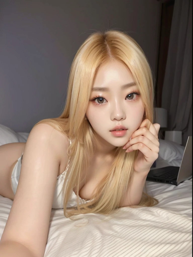 araffed woman laying on a bed with a laptop in her lap, korean girl, gorgeous young korean woman, beautiful south korean woman, wan adorable korean face, roseanne park of blackpink, ulzzang, young adorable korean face, sexy look at the camera, beautiful young korean woman, long blonde hair and big eyes, shikamimi, posing in a bedroom