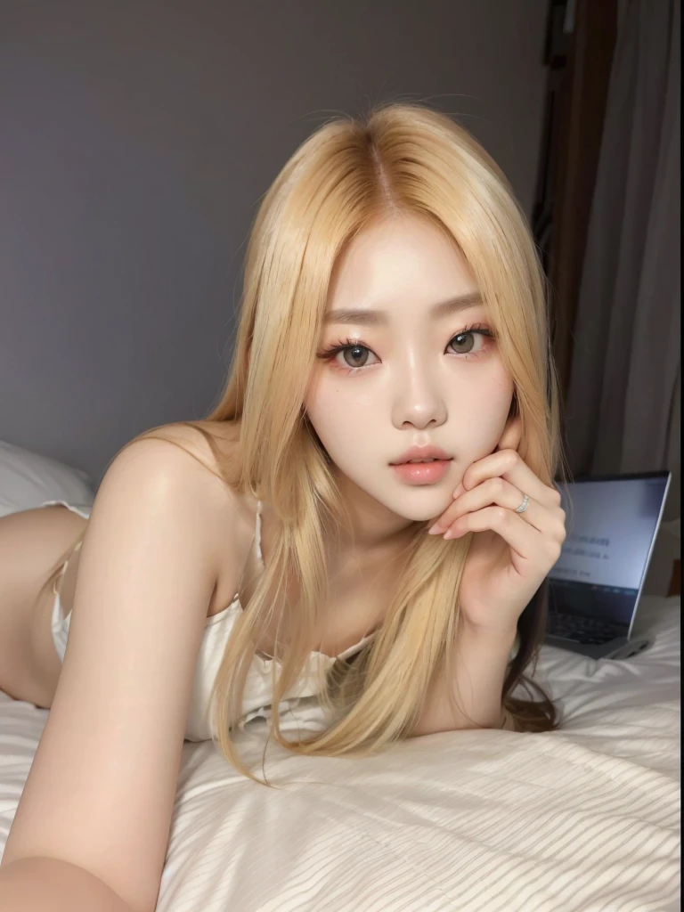 araffed woman laying on a bed with a laptop in her lap, korean girl, gorgeous young korean woman, beautiful south korean woman, wan adorable korean face, roseanne park of blackpink, ulzzang, young adorable korean face, sexy look at the camera, beautiful young korean woman, long blonde hair and big eyes, shikamimi, posing in a bedroom