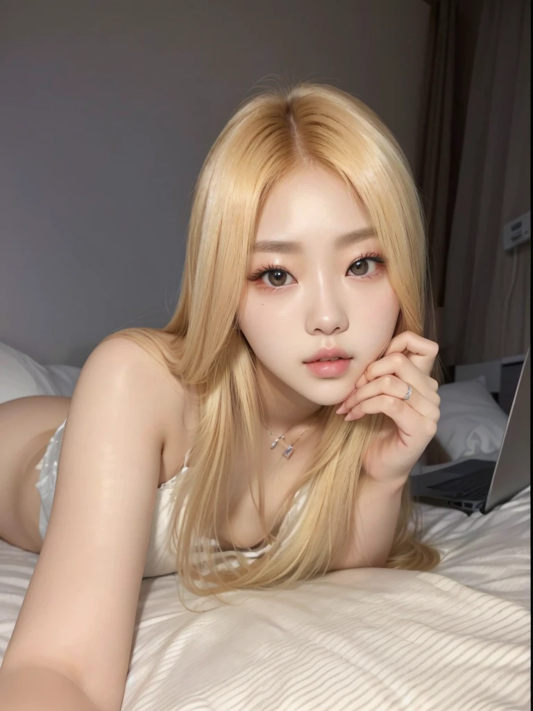 araffed woman laying on a bed with a laptop in her lap, korean girl, gorgeous young korean woman, beautiful south korean woman, wan adorable korean face, roseanne park of blackpink, ulzzang, young adorable korean face, sexy look at the camera, beautiful young korean woman, long blonde hair and big eyes, shikamimi, posing in a bedroom