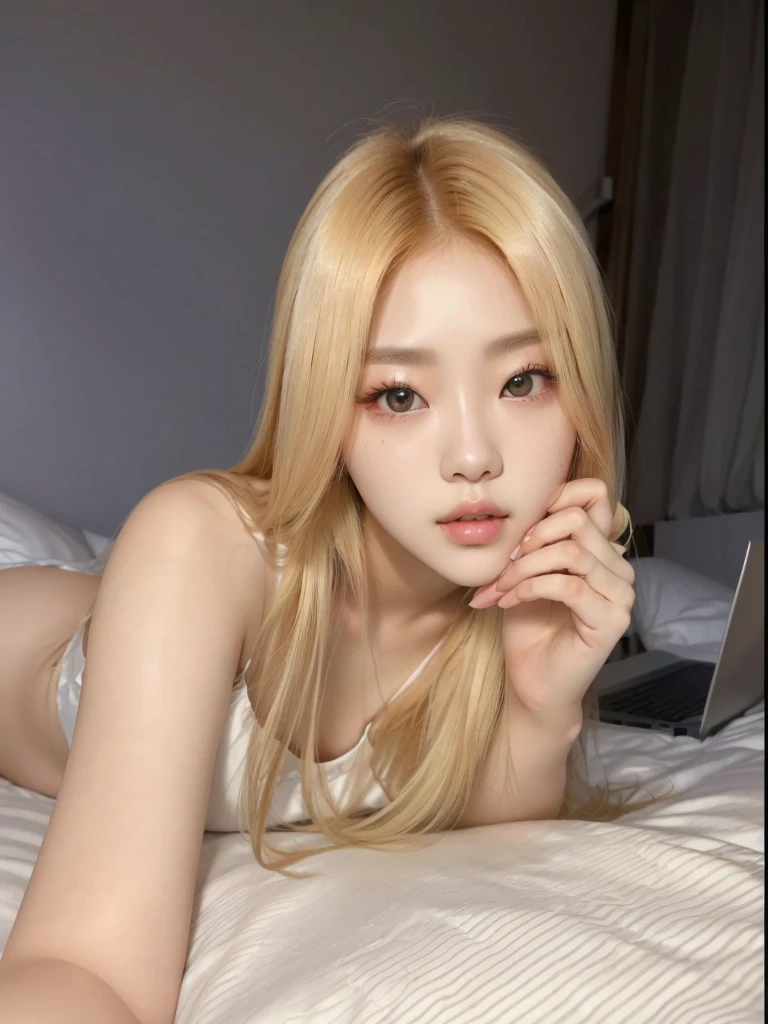 araffed woman laying on a bed with a laptop in her lap, korean girl, gorgeous young korean woman, beautiful south korean woman, wan adorable korean face, roseanne park of blackpink, ulzzang, young adorable korean face, sexy look at the camera, beautiful young korean woman, long blonde hair and big eyes, shikamimi, posing in a bedroom