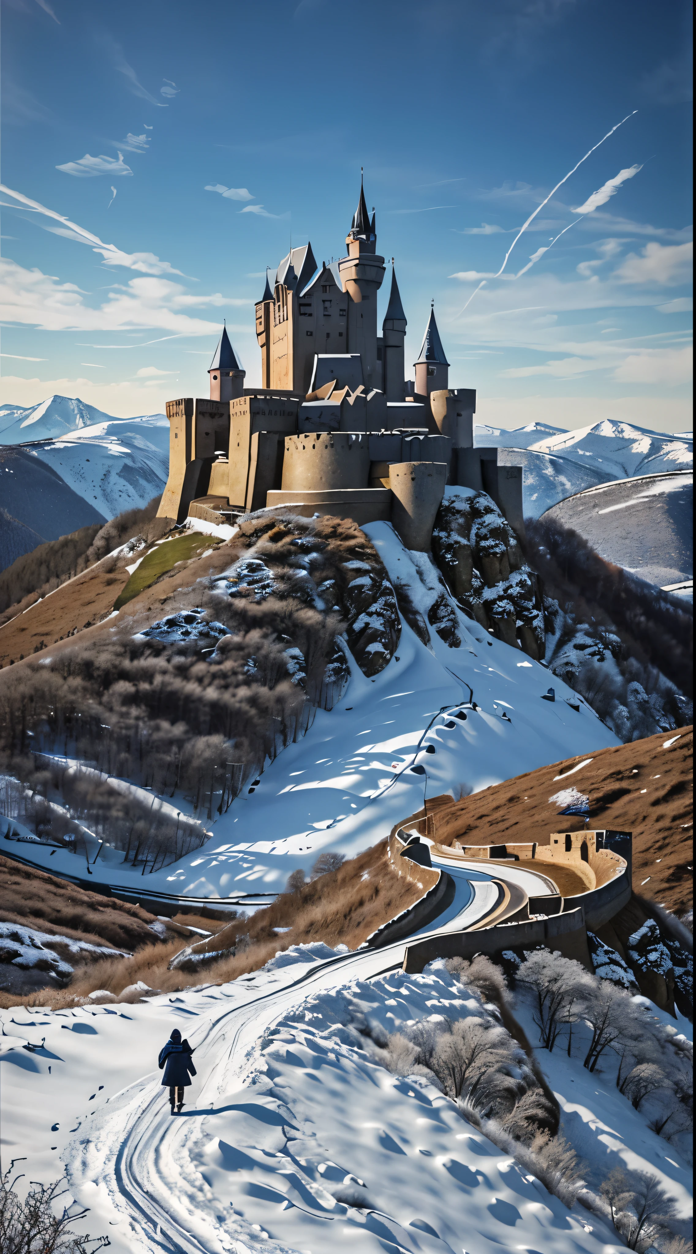 High-definition video Astepiece、An illustration、(Located in a remote mountain area、A huge military fortress made of steel)、Pale blue sky、Light of the sun、nature、(mountains)、No saturation、(A girl in a navy blue coat standing in the distance and walking towards a castle)、medium length red hair、Golan Heights、(A glowing red white dragon flies over the fortress)
