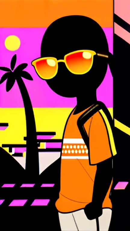 "Create a lively and engaging t-shirt design featuring a humanoid frog wearing sunglasses, wearing camping gear with a camping backpack on his back, The frog is portrayed signaling the viewer as if he was waiting for something. Behind him, swaying palm trees and a vibrant sky with shades of orange, pink and yellow define the scene. is written prominently in bold and attractive colors, increasing the happy atmosphere.