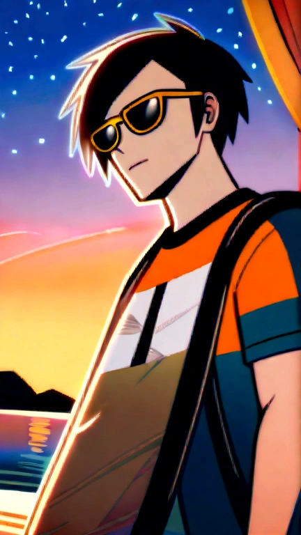 "Create a lively and engaging t-shirt design featuring a humanoid frog wearing sunglasses, wearing camping gear with a camping backpack on his back, The frog is portrayed signaling the viewer as if he was waiting for something. Behind him, swaying palm trees and a vibrant sky with shades of orange, pink and yellow define the scene. is written prominently in bold and attractive colors, increasing the happy atmosphere.