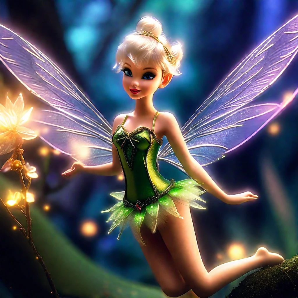 Stunning macro photograph that captures a tiny, cute and delicate Tinker Bell fairy, perched delicately on a fingertip, seemingly eager to take flight.The fairy, adorned with large, glowing wings and intricate particle details, emanates an enchanting aura, possibly an odor.The background is a natural, serene setting that seamlessly blends with the fantastical creature. Fantasy realism and miniature world creates a sense of wonder, delight,and amazenament,vibrant colors,hdr,8k
