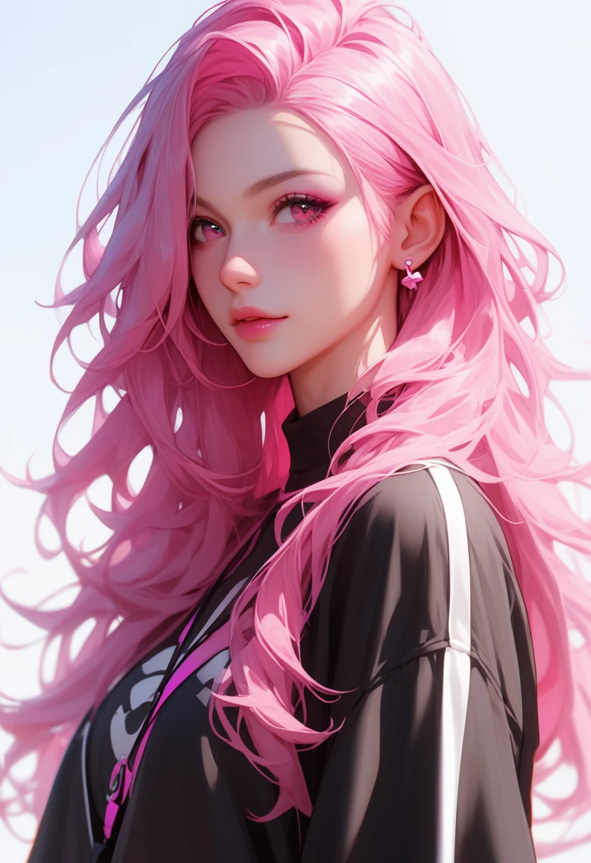 Pink hair, dark pink eyes, spot under the right eye, long hair, black clothes