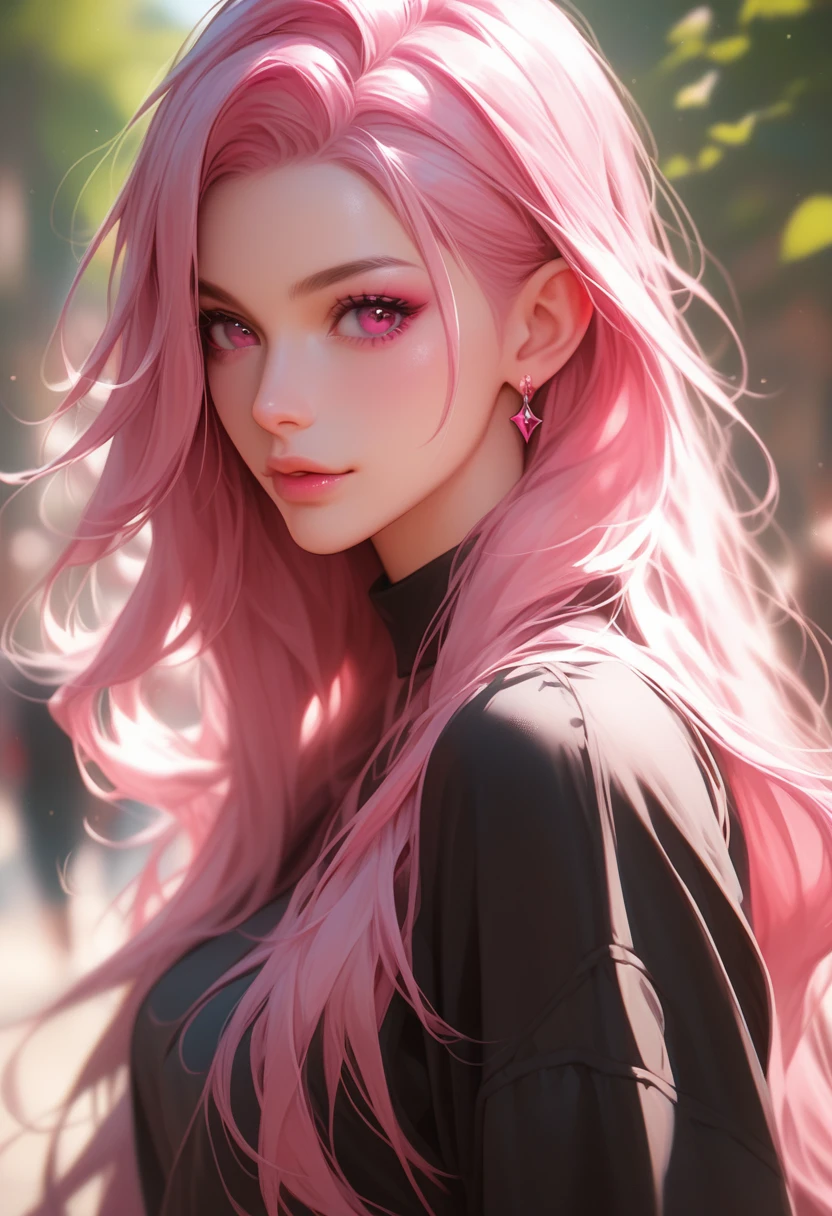 Pink hair, dark pink eyes, spot under the right eye, long hair, black clothes