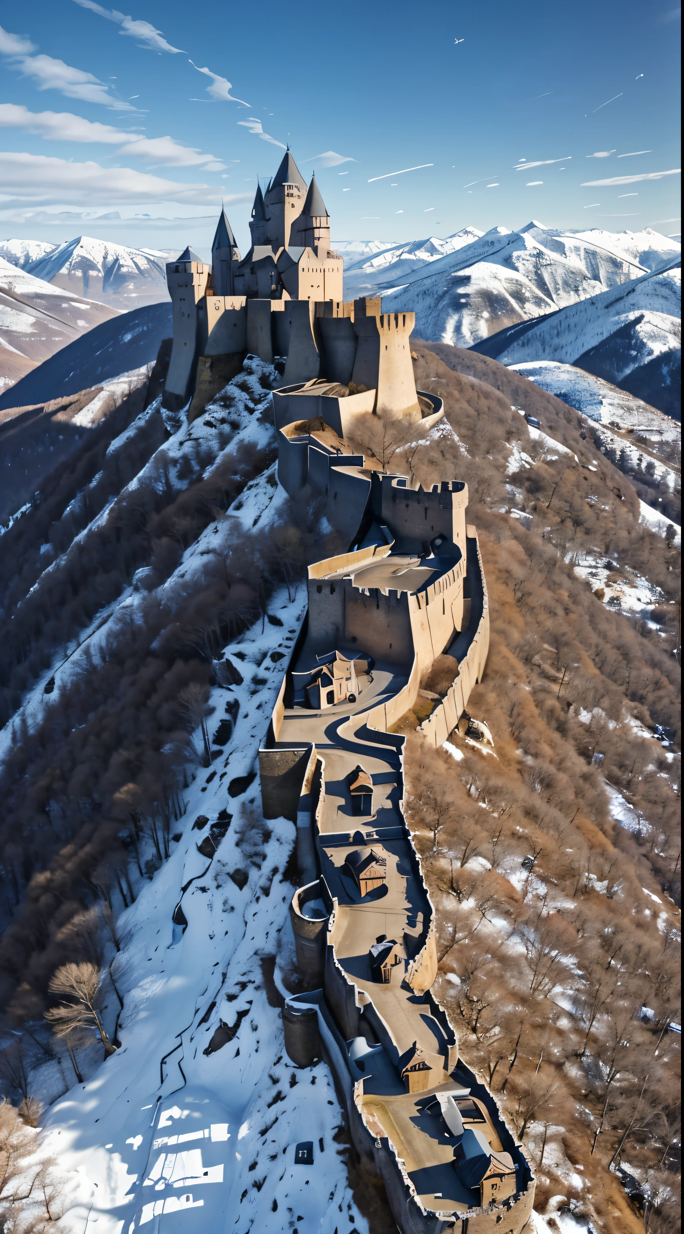 High-definition video Astepiece、An illustration、(Located in a remote mountain area、A huge military fortress made of steel)、Pale blue sky、Light of the sun、nature、(mountains)、No saturation、(A girl in a navy blue coat standing in the distance and walking towards a castle)、medium length red hair、Golan Heights、(A glowing red white dragon flies over the fortress)
