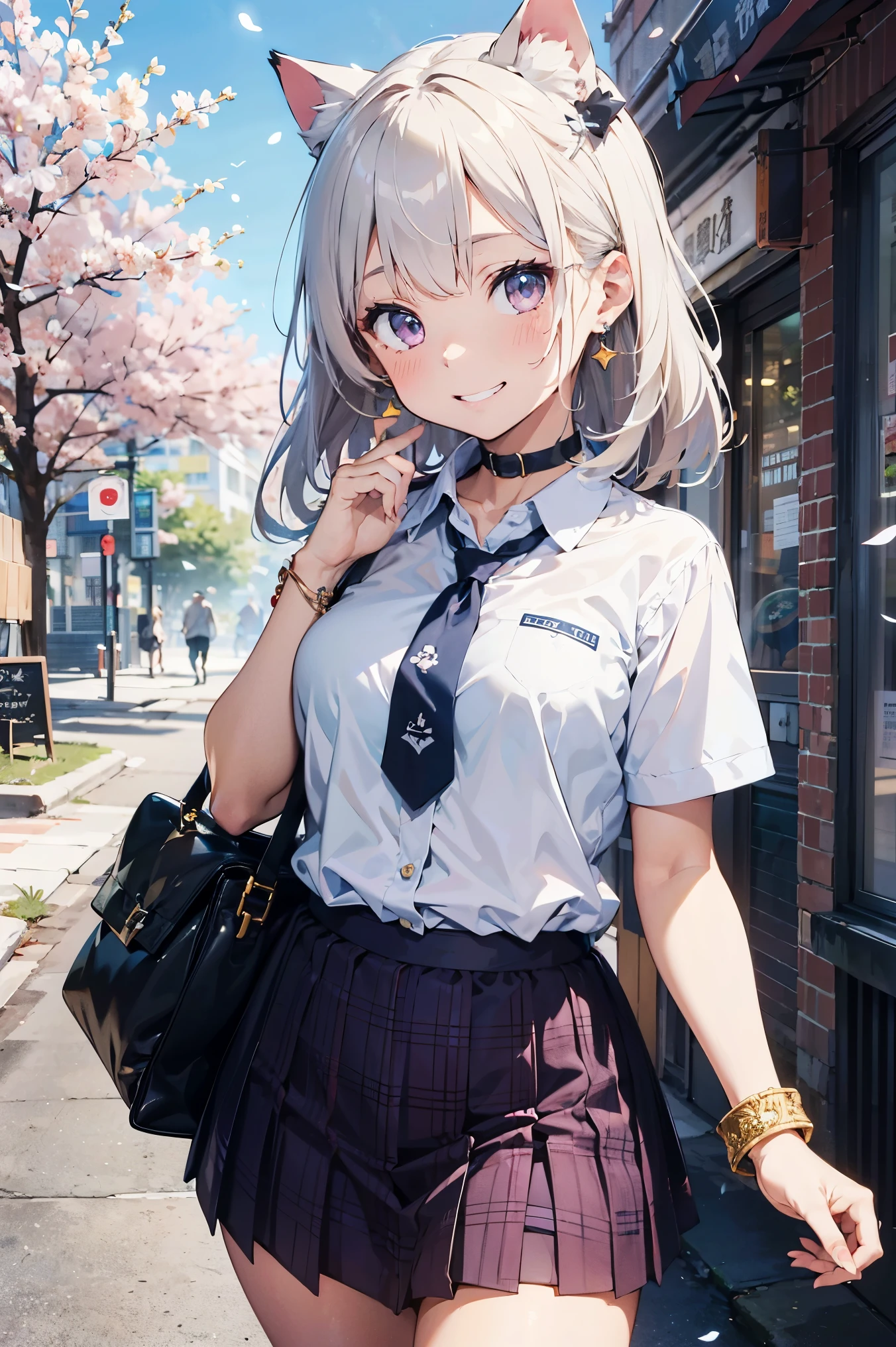 (((masterpiece))), (((Highest quality))), ((Very detailed)), ((Very detailedなイラスト)), ((Ultra-fine painting)), (16K Highest quality wallpaper:1.4), (Detailed and elaborate illustration style,:1.8) Detailed skin texture, High quality fabric, , (T-masterpiece), (Very detailedな顔:1.4), original, RAW Photos, Professional, Intricate details, Very detailed, Direct sunlight:1.6, ,(Cowboy Shot:1.9)、(Perfect Anatomy:1.4), (Extremely elaborate hands:1.2), (Very elaborate fingers:1.2), (Very elaborate fingers先:1.2),, (alone:1.6), (beautiful and adorable cat ears:1.6), (Intricate and delicate cat ears:1.4), (beautiful, Shiny white hair:1.6), (Very fine and delicate white hair:1.4),, (Very detailedな顔:1.4),(Light purple eyes:1.4),(smile:1.4),, whole body,
One girl, bangs, black choker, black tie, Blonde, blue skirt, blush, bracelet, chest, choker, clothes The surrounding area waist, clavicle, collared shirt, Cowboy Shot, dress shirt, ear Earrings, Eyebrows visible through hair, Gradient Hair, Grin, Improve, jewelry, Kogal, Long Hair, View your viewers, loose tie, tie, Earrings, Plaid, Plaid skirt, pleated skirt, Red eyes, ring, , shirt, skirt, smile, alone, white shirt,
street, null, cherry blossoms, petal,figure, (magazine:1.3), (cover-style:1.3), fashionable, woman, Vibrant, Costume, Pause, front, colorful, dynamic, background, element, have confidence, Performance, Holding, statement, accessories, Majestic, Coiled, The surrounding area, touch, scene, article, cover, bold, to attract attention, title, stylish, font, Catchy, Heading, big, impressive, Modern, trend, concentrated, fashion,