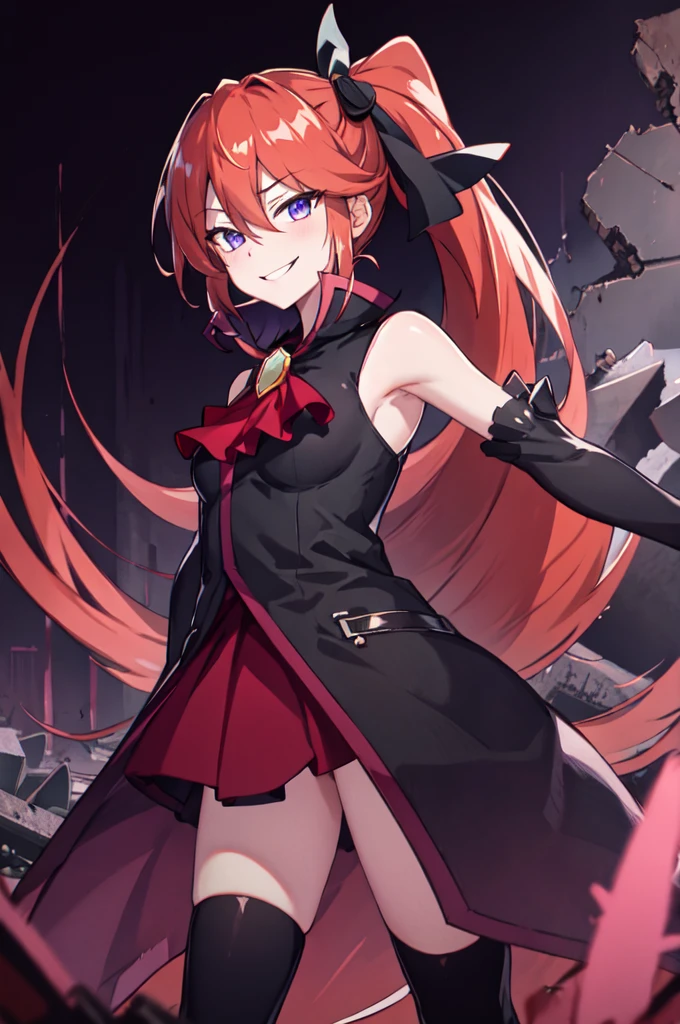 Highest quality, masterpiece, One Girl,Not beautiful, Red Ponytail, Long dress, brooch, Hair Ribbon, - Elbow hand pockets, Black knee socks, Standing on the rubble,  (Wicked Smile:1.1), ,,Dark shadowed face,Sadistic smile,Malice,Contempt,smile,latex,Bad face,,Red Skirt,two hands,two legs,five fingers,black and purple background,




