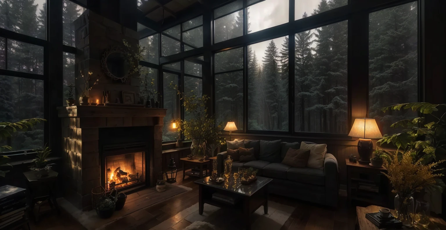 airy living room with fireplace and large window, cozy envirnment, cozy atmospheric, moody vibe, large windows to the forest at night, sala de estar quente, cozy place, cozy living room interior, cozy living room, cozy envirnment e tranquilo, warm interior, warm atmosphere, cozy envirnment, cozy envirnment, Moody atmospheric lighting, cozy living room background