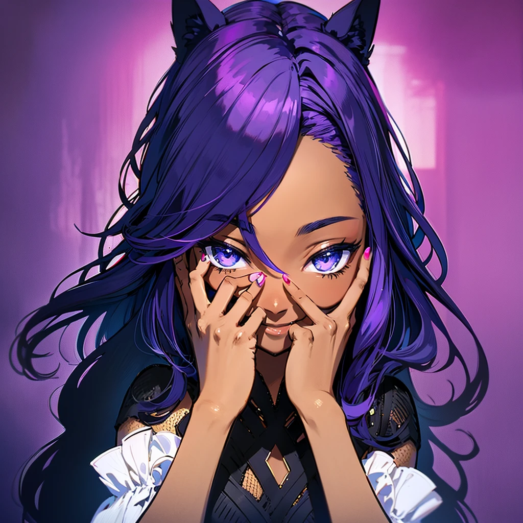 Masterpiece, nude, dark-skinned woman with cat ears, pointing her hand to her head (hand touching her head), touching her finger to her head, smiling, photograph from the side (very detailed), photograph from the side, focus on the face, photograph of the face, long hair, purple hair, high contrast solid color background.