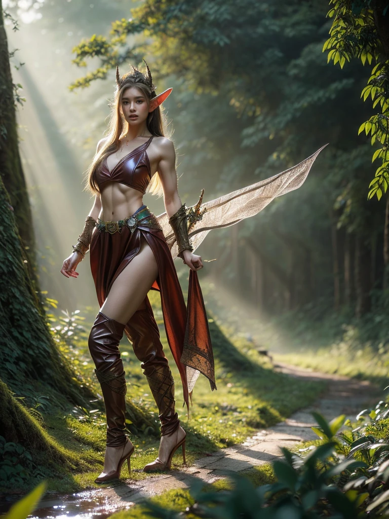 An enchanting aerial shot of a female model dressed as a sensual elf warrior, posing with strength in a mystical forest. Decked in leather and lace, her outfit enhances her athletic frame. The natural ambiance radiates a magical twilight glow. (solo), (elf warrior costume: 1.5), (athletic physique: 1.4), (mystical forest: 1.5), (twilight glow: 1.3), (erotic adventure: 1.4), (fantasy world: 1.5).