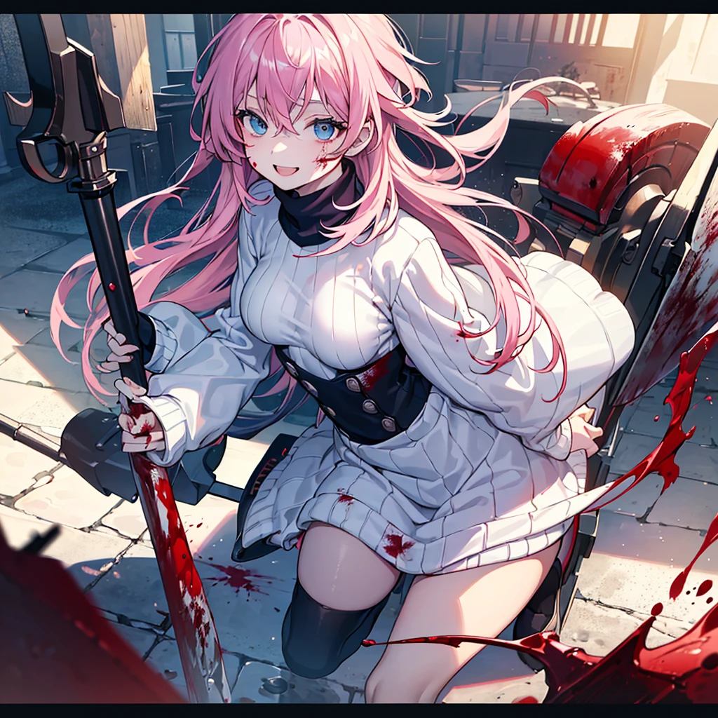 ((best qualityer)), ((work of art)), (detailded), 1 girl, ombro to ombro sweater, long black socks,long light pink hair,light blue eyes, ((flat breasts)), psycho smile,eyes wide,holding a big sledgehammer,((stained with blood)), ((Face covered in blood)),roupa stained with blood