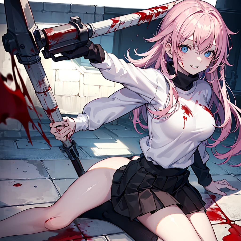 ((best qualityer)), ((work of art)), (detailded), 1 girl, ombro to ombro sweater, long light pink hair,light blue eyes, ((flat breasts)), psycho smile, holding an axe,((stained with blood)), ((Face covered in blood)),roupa stained with blood