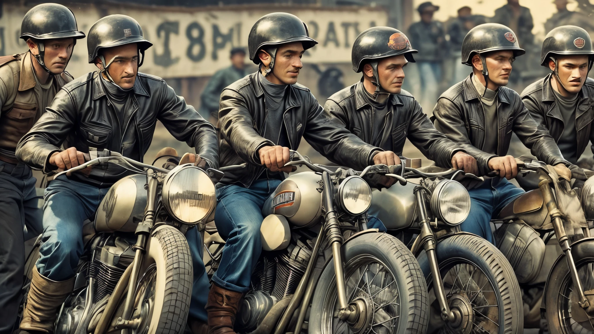 1940's era motorcycle racing, leather motorcycle helmets, checkered flag, dirt track, early Harley Davidson motorcycles, bobber motorcycles, detailed motorcycle, detailed faces, detailed riders,  