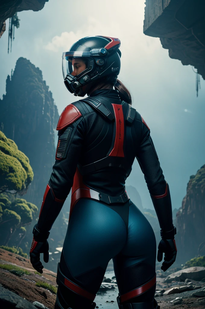Masterpiece, highest quality, rear angle, Highly detailed photo of a (female space soldier wearing red and black race suit, helmet, with tinted face shield, rebreather, accentuated booty), athletic body, big ass, [wide hips], (investigating a strange glowing alien artifact), on alien exoplanet, (mountains:1.1), (exotic rain forest), lush vibrant foliage, (two moons in the sky:0.8), (hyperdetailed, intricately detailed), background by Jessica Rossier, (sci-fi), during the day, (lens flare:0.5), (bloom:0.6), particle effects, (cinematic lighting:1.1), sharp shadows, ambient light, [bioluminescente], raytracing, photographed on a Fujifilm X-S10 Mirrorless Camera, 25mm F2.8 ultra-wide-angle lens, sharp focus, Cinestill 800T, still frame from Gravity 2013, 8k, HDR, from behind