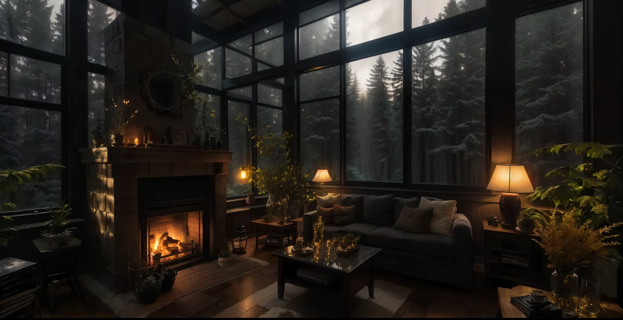 airy living room with fireplace and large window, cozy envirnment, cozy atmospheric, moody vibe, large windows to the forest at night, sala de estar quente, cozy place, cozy living room interior, cozy living room, cozy envirnment e tranquilo, warm interior, warm atmosphere, cozy envirnment, cozy envirnment, Moody atmospheric lighting, cozy living room background